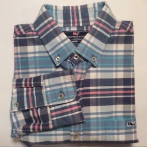Vineyard Vines blue pink plaid slim shirt
